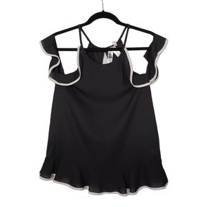 SOCIETY GIRL Cold Shoulder Ruffle Sleeve White Black Top Large
